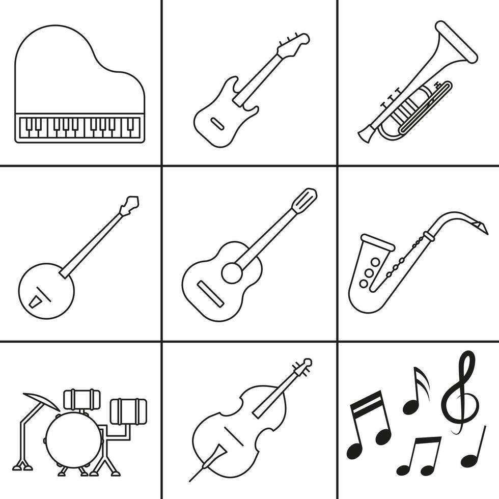 A simple set of musical instruments in a thin line. Image of jazz and blues musical instruments. vector