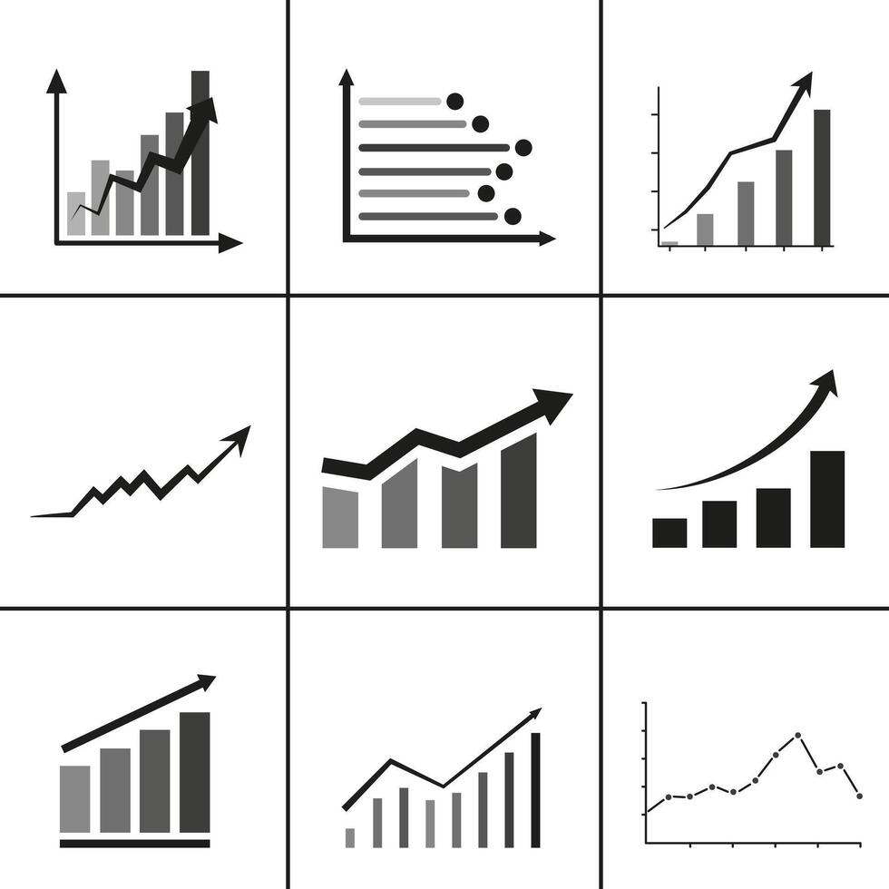 Statistics and chart data with a down or up arrow. A set of dips and peaks charts. vector