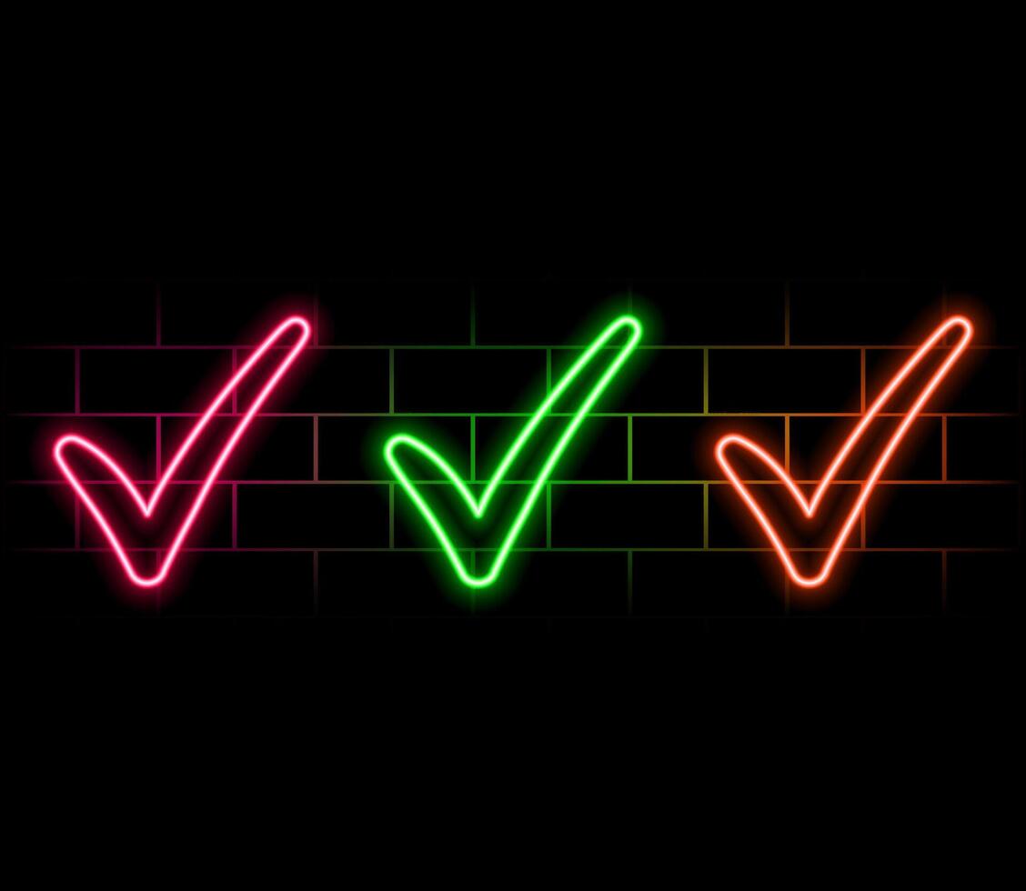 Neon glowing tick mark icon on a black background. vector