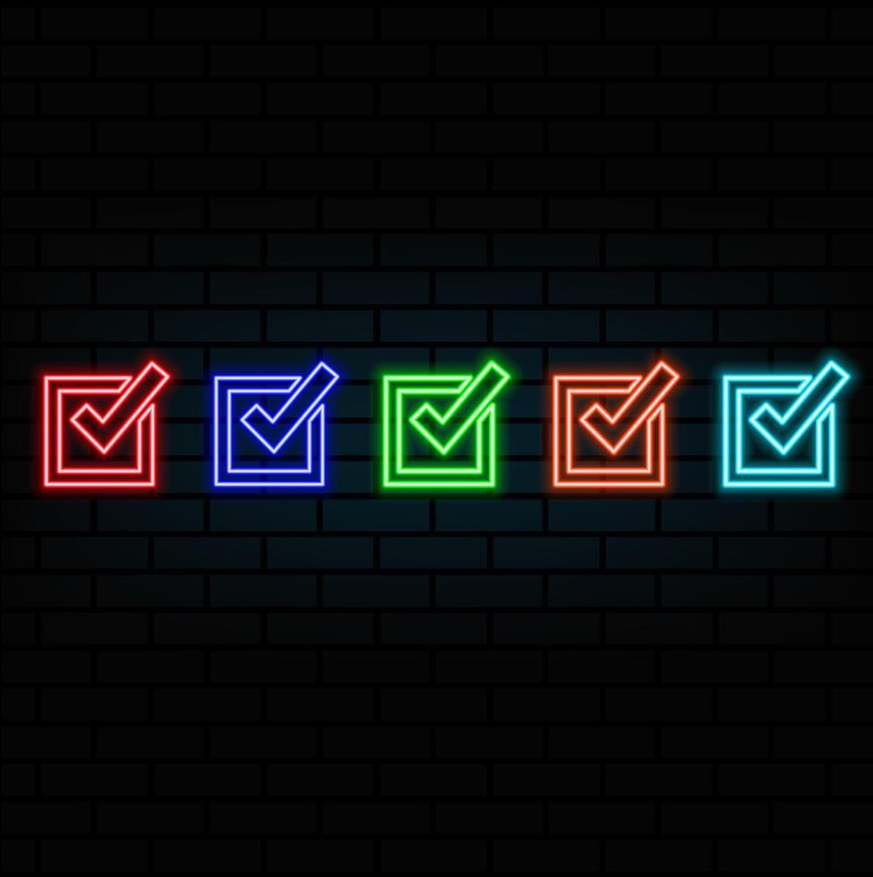 Green check mark Neon Sign. Check list button signboard, design template, modern trend design, night neon signboard, night bright advertising, light banner, light art. illustration vector