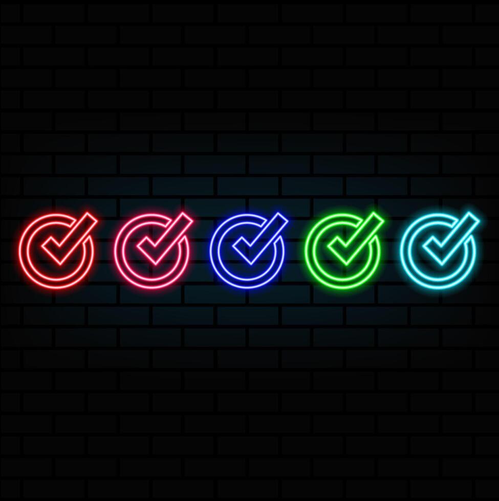 Glowing Check and Mark on Black Background. vector