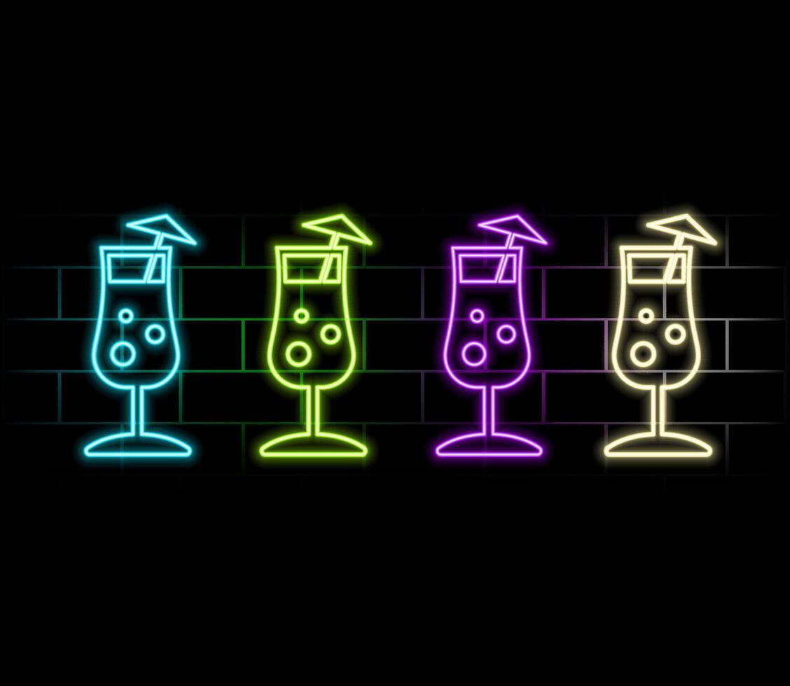 Set of Neon Icons. Beach cocktails tequila, wine, and mojito in glass goblets, ice cream, palms and sea made of neon lamps with illumination. EPS10 illustration. vector