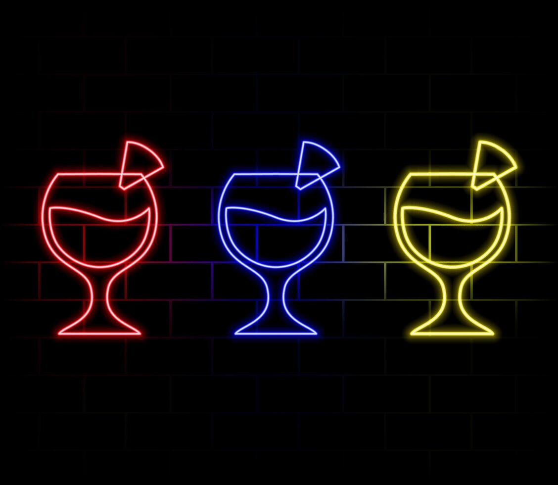 Cocktail neon emblem set. illustration. Neon sign for banner, billboard, promotion or advertisement. Elements on the theme of restaurant business. vector