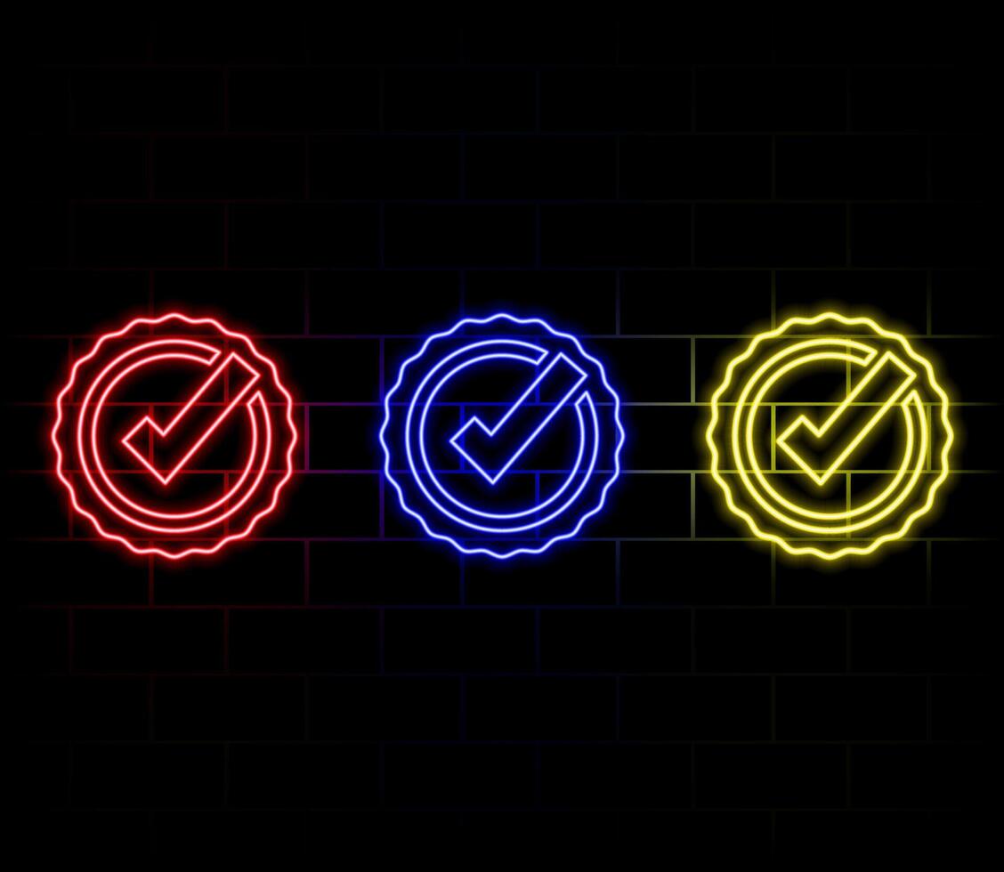 Green check mark Neon Sign . Check list button neon signboard, design template, modern trend design, night neon signboard, night bright advertising, light banner, light art. illustration. vector