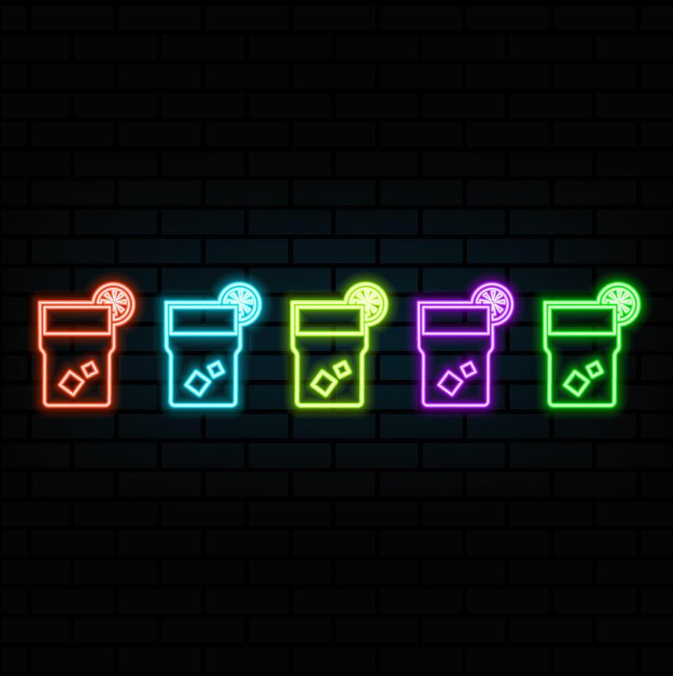 Cocktail Cosmopolitan Neon Design Element. Cocktail with lime, lemon. Party concept. Glowing illustration of Drinks promotion. vector