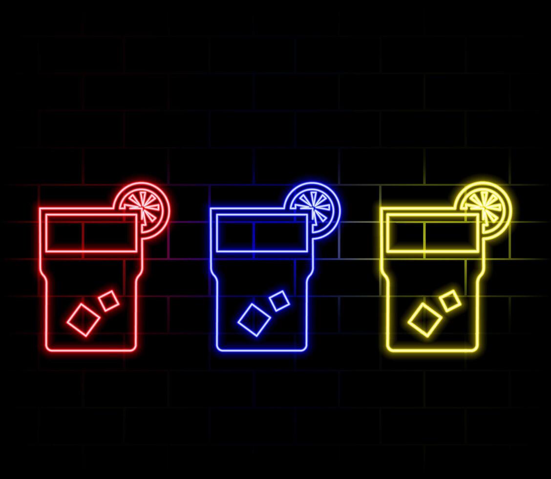 Neon alcohol drinks signs isolated on brick wall. Coctail light symbol, decoration effect. Neon drinks illustration. vector