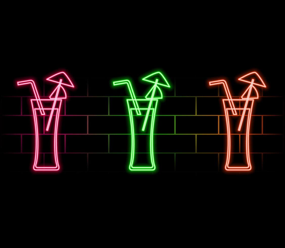 Set of neon Beer and Cocktail sign on brick wall background. illustration. Design for bar, pub and restaurant business. vector