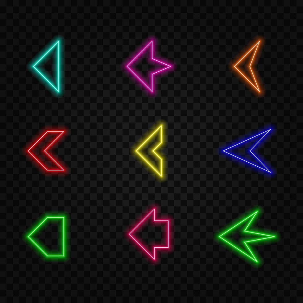 Neon right arrows colourful icons set. Realistic glowing pointers on transparent background. Location indicator for casino, bar, cinema, nightclub and motel, isolated symbol pack.18 vector