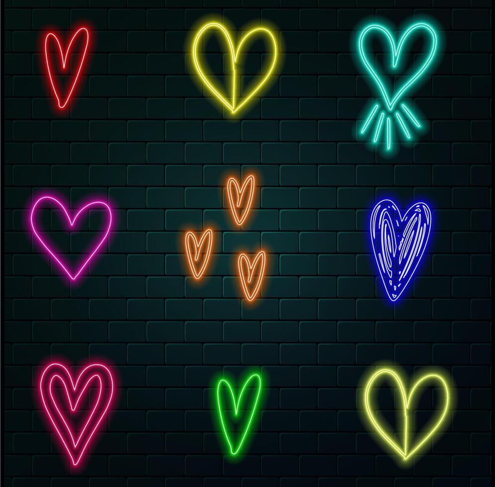 Modern Neon Pink Glowing Heart Banner on Dark Empty Grunge Brick Background. Vintage Red Heart Sign. Retro Neon Valentines Day Symbol vector