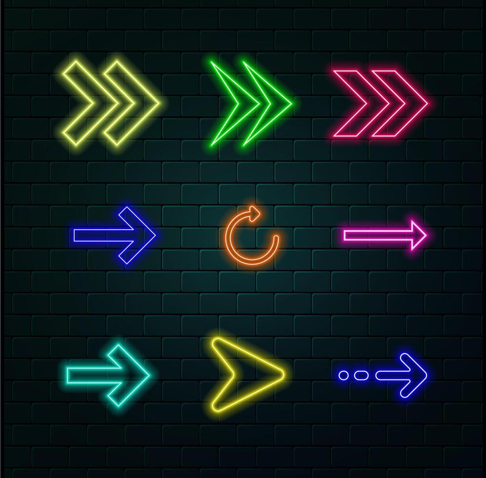 Neon arrow pointing at a black background on a glossy floor vector