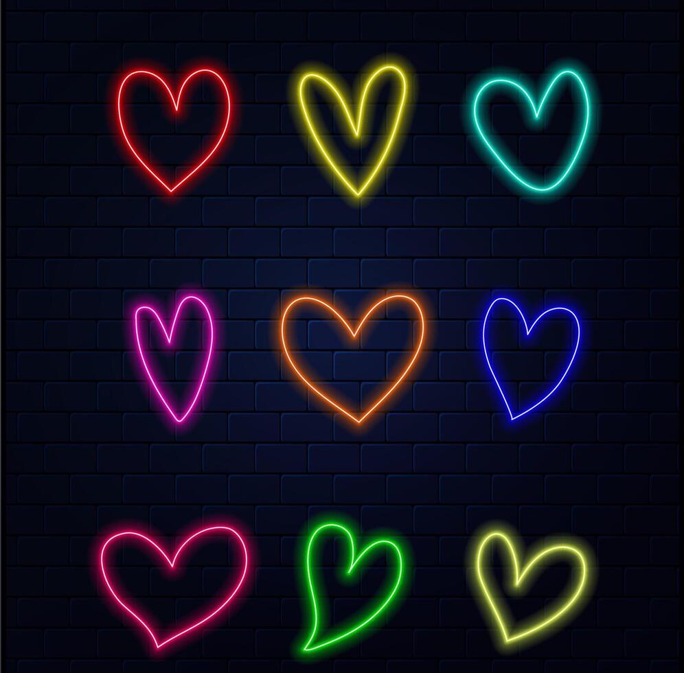 Neon heart icon. Glowing neon heart sign with cupid arrow, amour shape in vivid colors. Romantic silhouette, love target, passion. Icon set, sign, symbol for UI. illustration vector