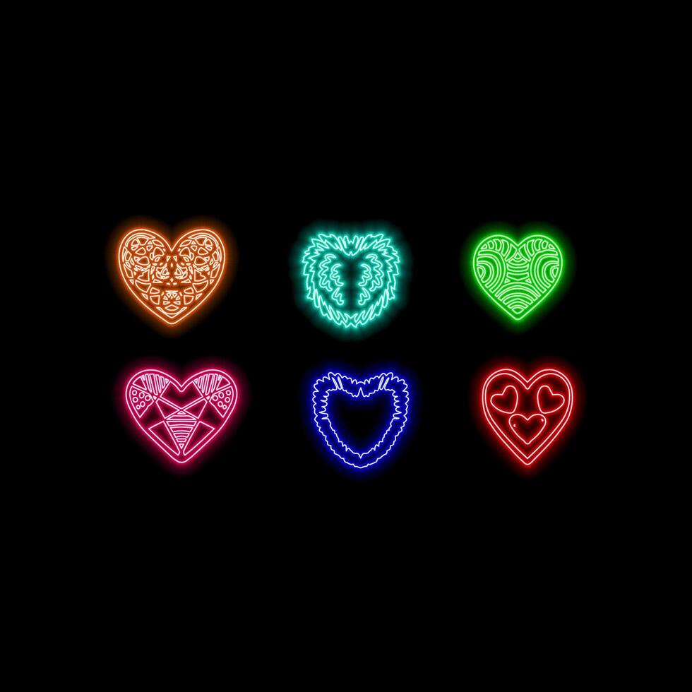 conjunto de neón corazones - azul, rosa, amarillo. iluminado símbolo de amor en oscuro antecedentes. multicolor destacando de frontera elemento. resplandor Cupido. enamorado día. aislado. describir. ilustración vector