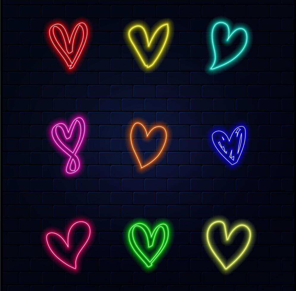 Neon heart with a glow on the background of a dark brick wall. Neon sign pink and blue. vector