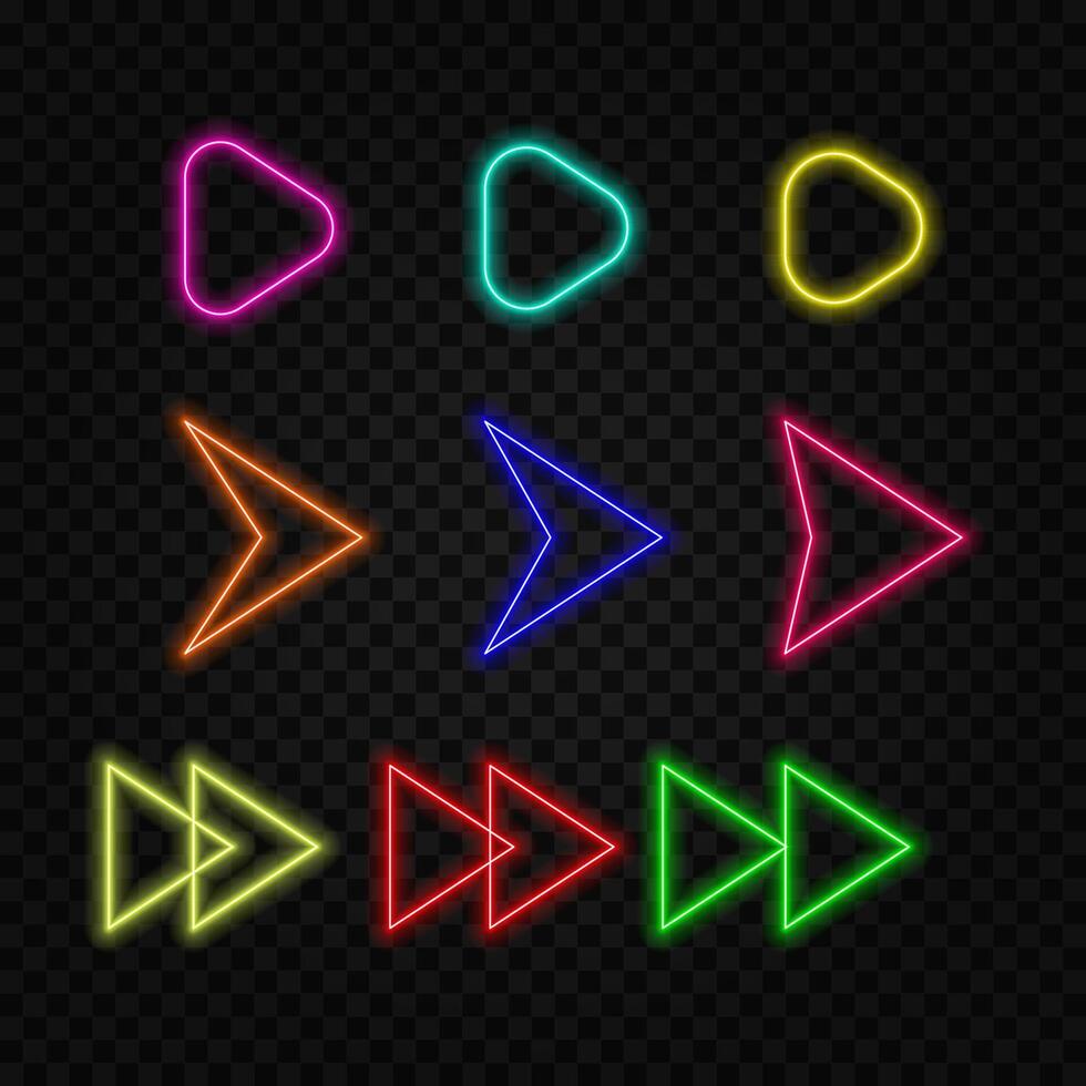 Bright neon right arrows on a black background. 3D rendering of glowing neon arrows on a black background. Flashing direction indicators.9 vector