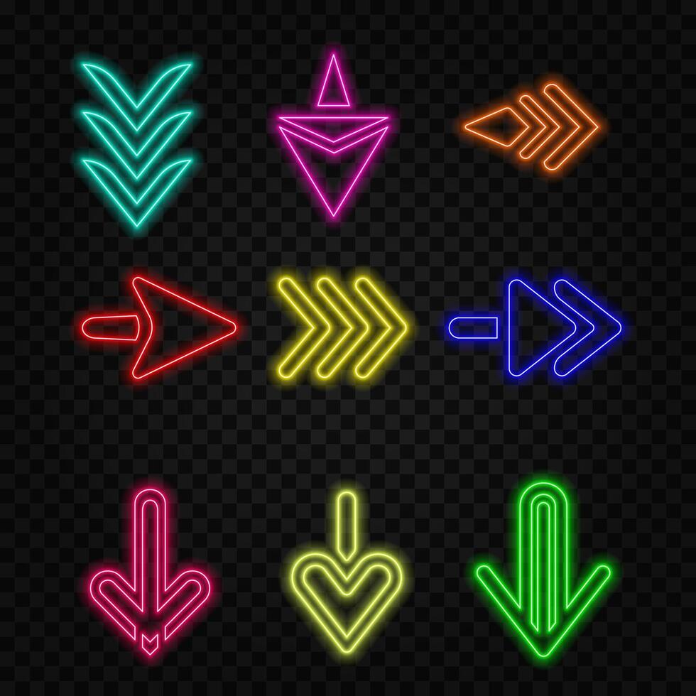Neon multi-colored arrows, pointers with a glow on the tip. Different shapes and directions from bottom to top, reversal, curved and straight. 3d realistic VFX effects.17 vector