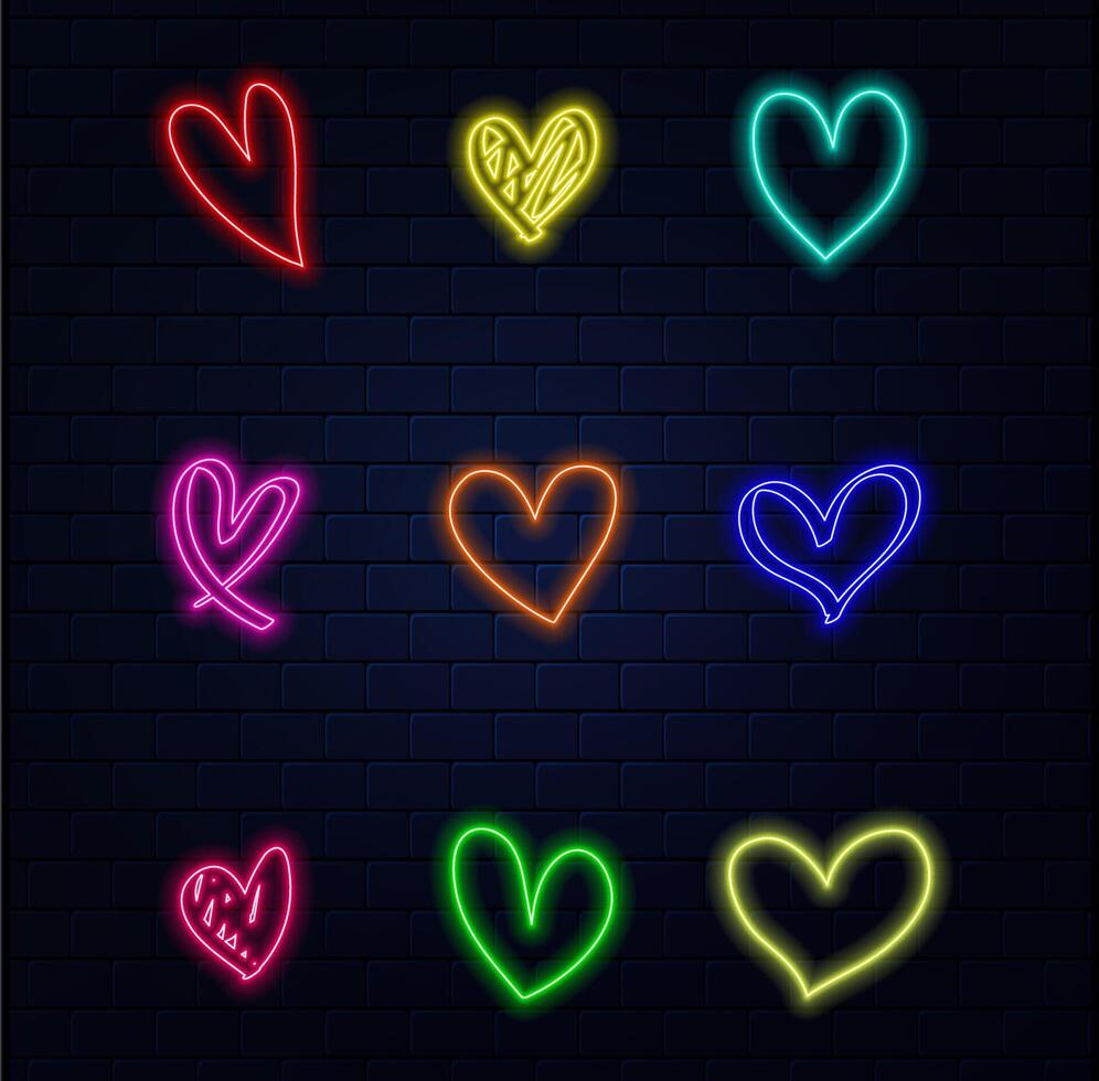 Neon heart with a glow on the background of a dark brick wall. Neon sign. vector