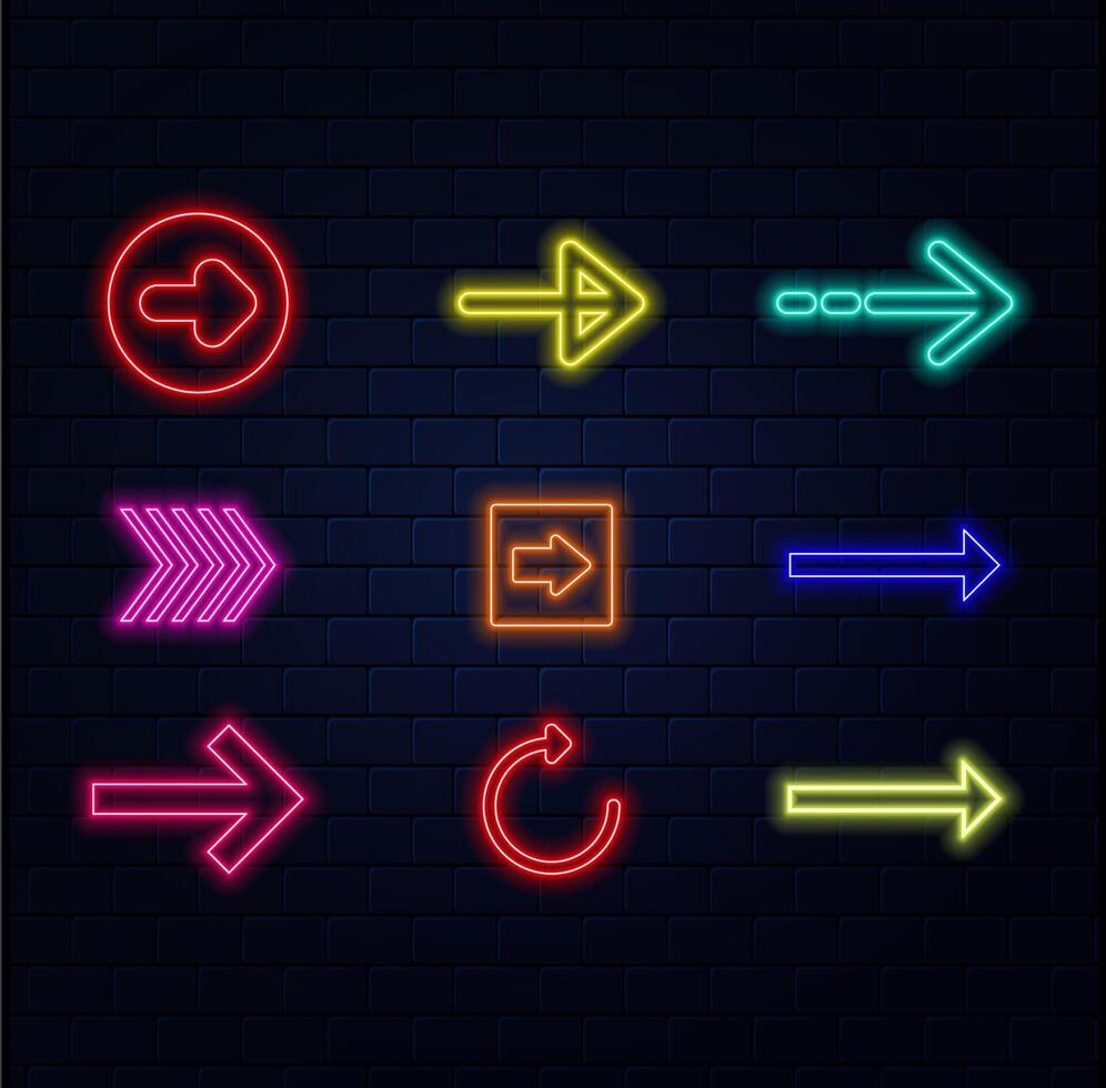 Outline bended neon arrow icon set. Glowing neon curved arrow pointer, bent arrowhead sign. Rounded arrow, turning cursor, bended navigation pointer, rotate motion direction. icon set vector
