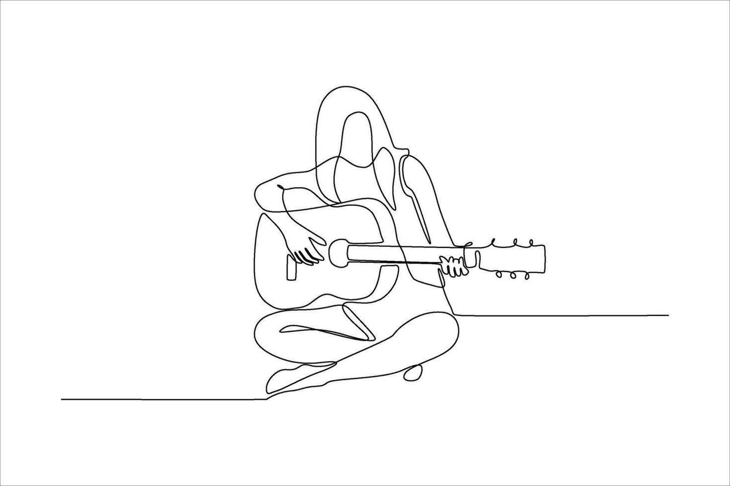 continuous line illustration of woman sitting while playing guitar vector