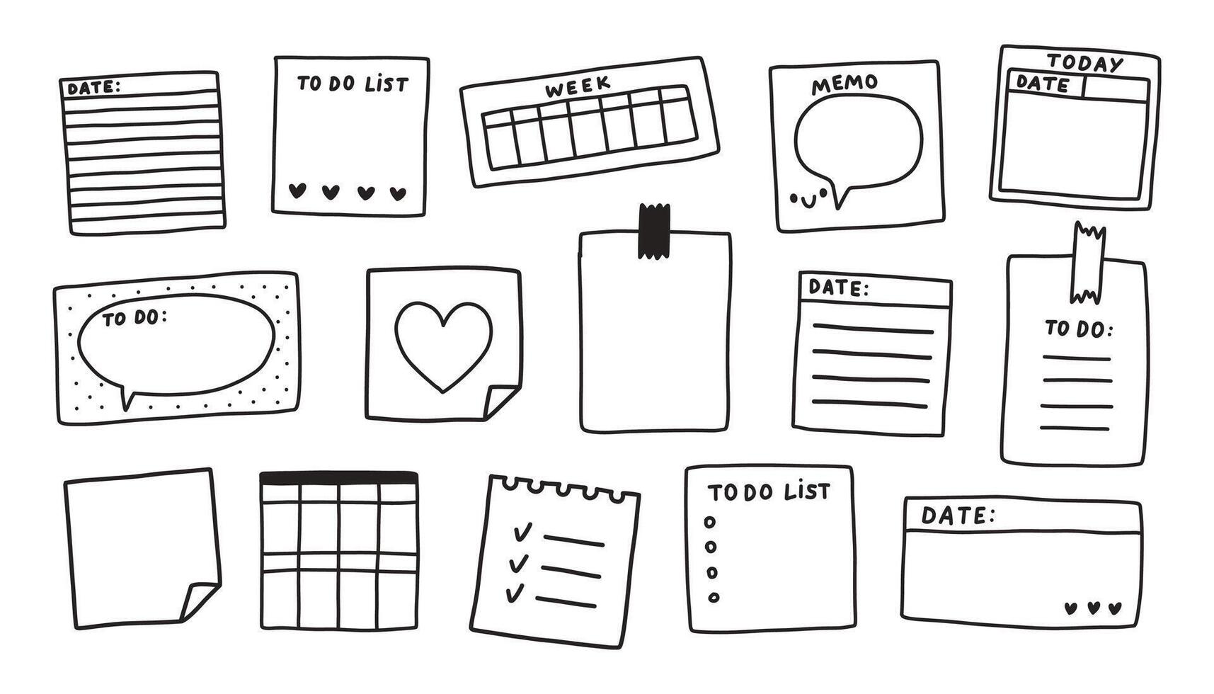 Sticky note set. Memo doodle. Blank square sheets of notepaper. A variety of paper stickers. Hand drawn isolated vector