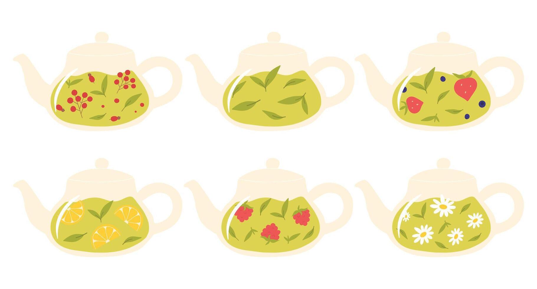Set of teapots with tea. Collection of teapots with green, herbal and berry tea. illustration. Flat style. vector