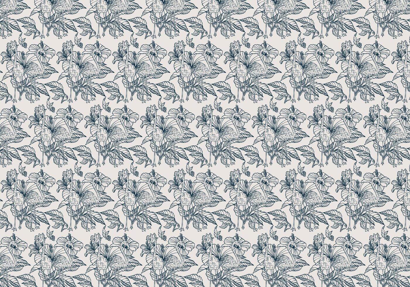 Hand drawn flamingo and hibiscus flower seamless pattern vector