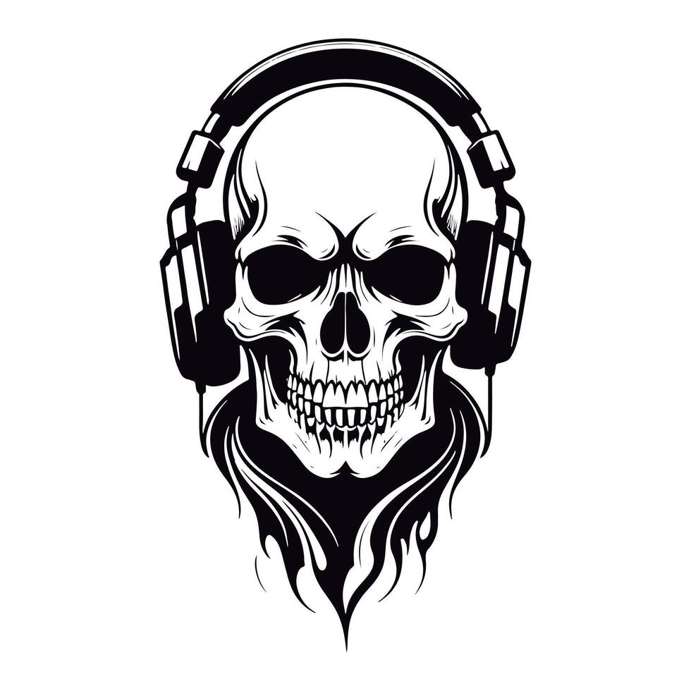 Super black and white outline etching on a skull wearing a headphone vector