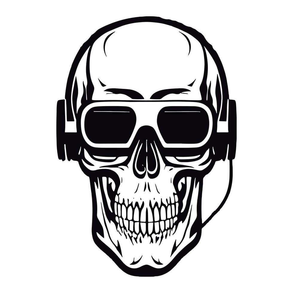 Fantastic black and white outline etching on a skull wearing a headphone vector