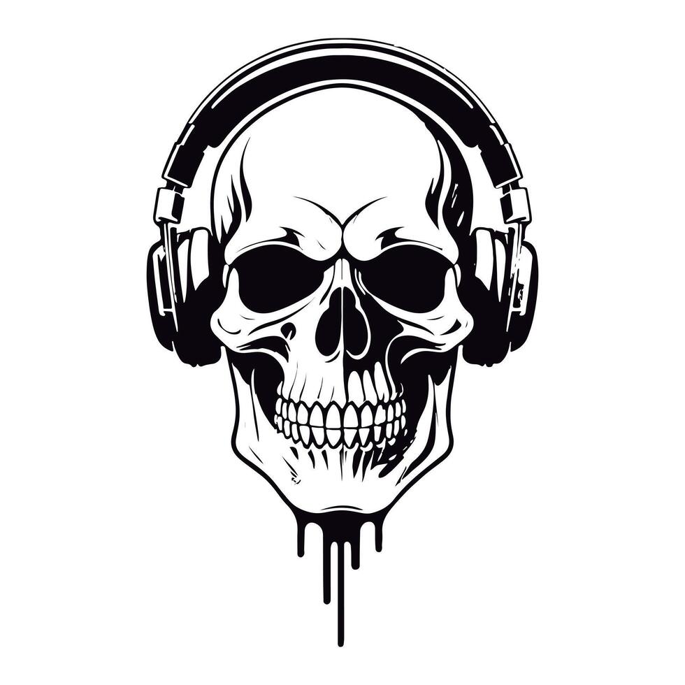 Fantastical black and white outline etching on a skull wearing a headphone vector