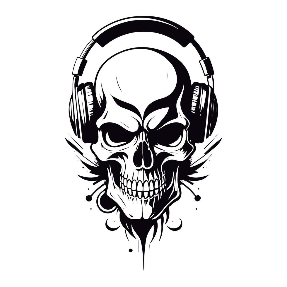 Amazing black and white outline etching on a skull wearing a headphone vector