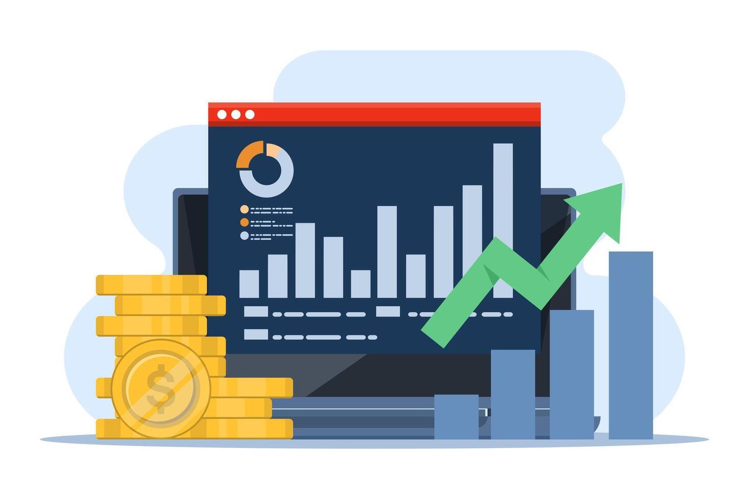 Financial concept growth chart, Tablet with gold coins, investment, increase wealth or income, increase business profit, financial report chart with exponential arrow. isolated background. vector