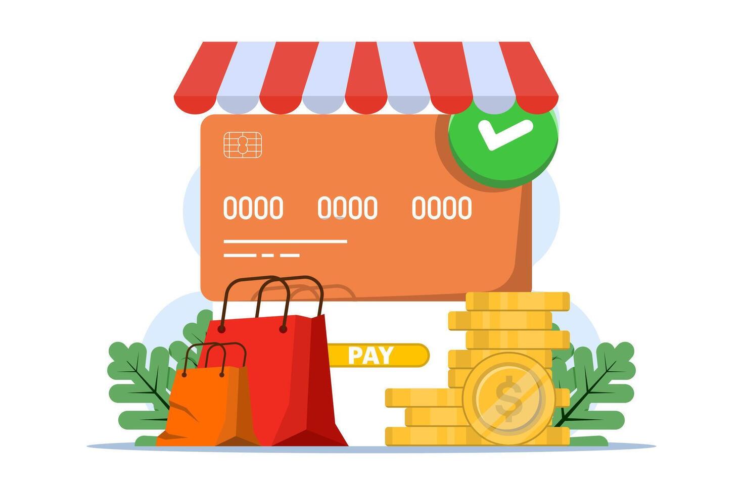 Online payment security concept, Smartphone with debit card, gold coins, paper bag on isolated background, digital marketing, Flat illustration. vector