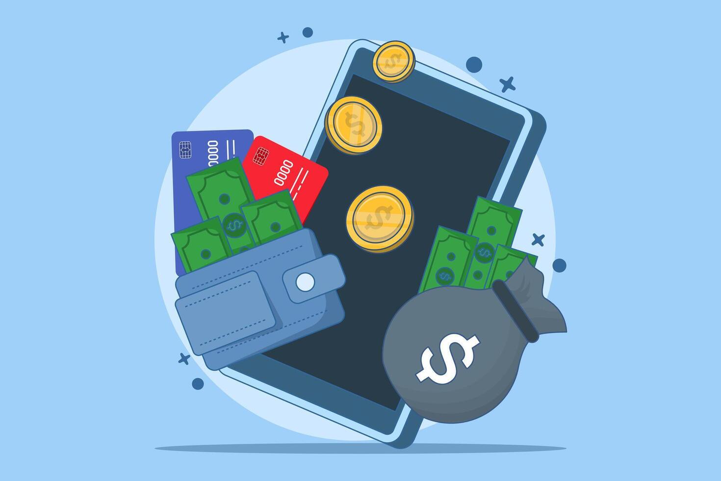 Financial concept. Saving cash, debit card or savings in bank account. Payment transaction, transfer, e-wallet, financial management and savings concept. Flat illustration. vector