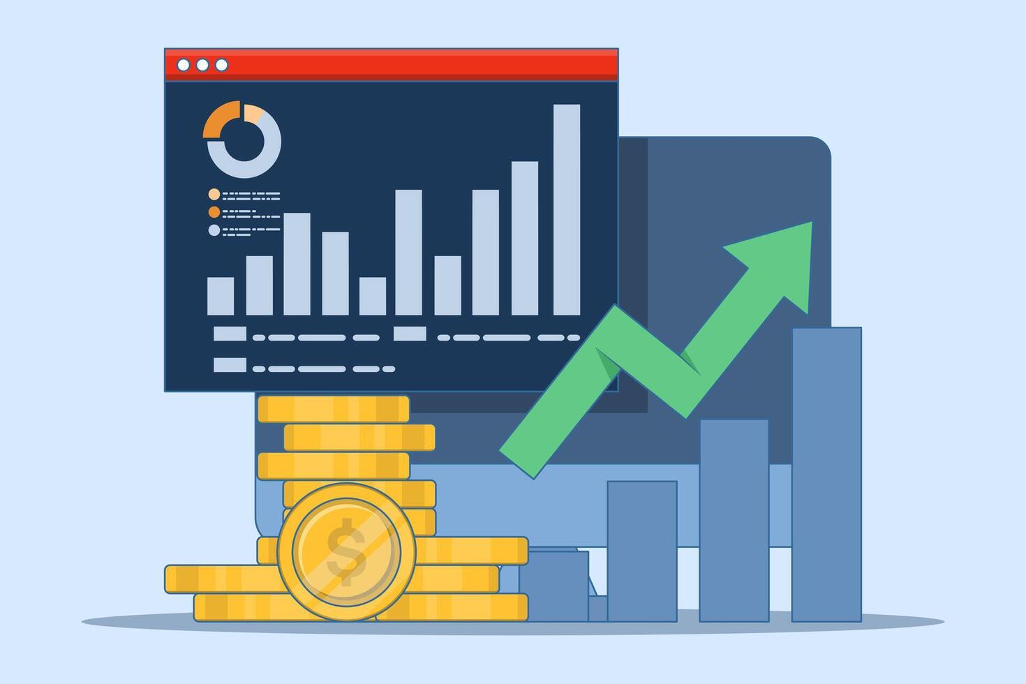 Financial concept growth chart, Tablet with gold coins, investment, increase wealth or income, increase business profit, financial report chart with exponential arrow. isolated background. vector