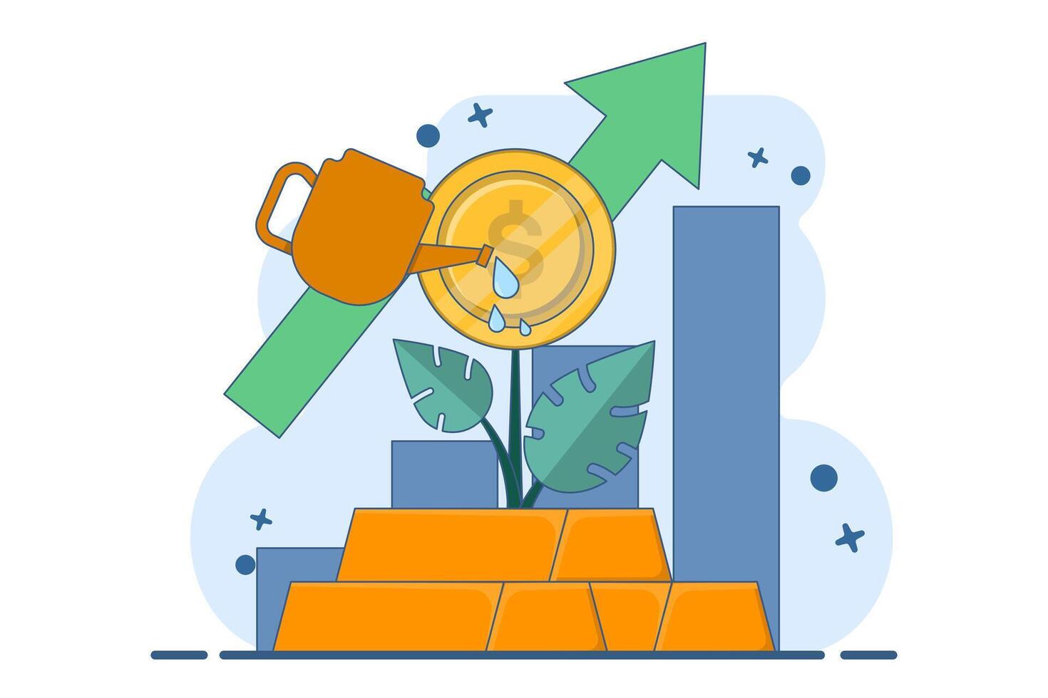 Gold bullion market analysis concept, Gold bullion with growing plant on isolated background, investment to increase income or profit. Digital marketing illustration vector