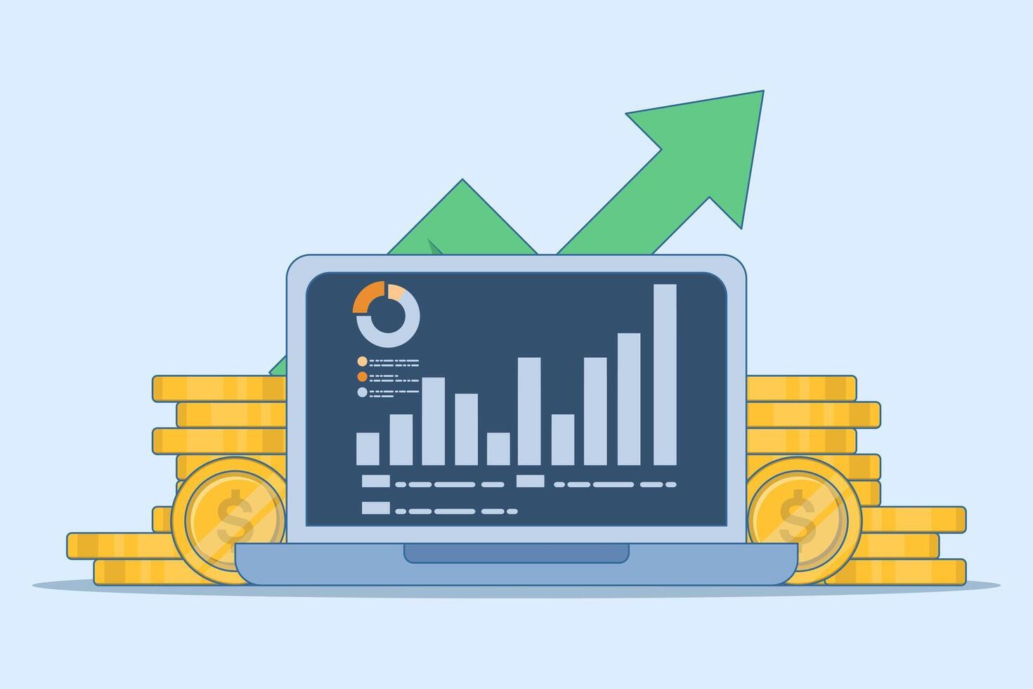 Financial concept growth chart, Tablet with gold coins, investment, increase wealth or income, increase business profit, financial report chart with exponential arrow. isolated background. vector