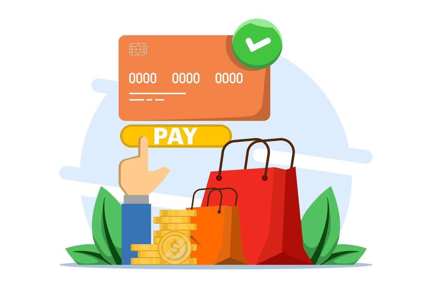 Online payment security concept, Smartphone with debit card, gold coins, paper bag on isolated background, digital marketing, Flat illustration. vector