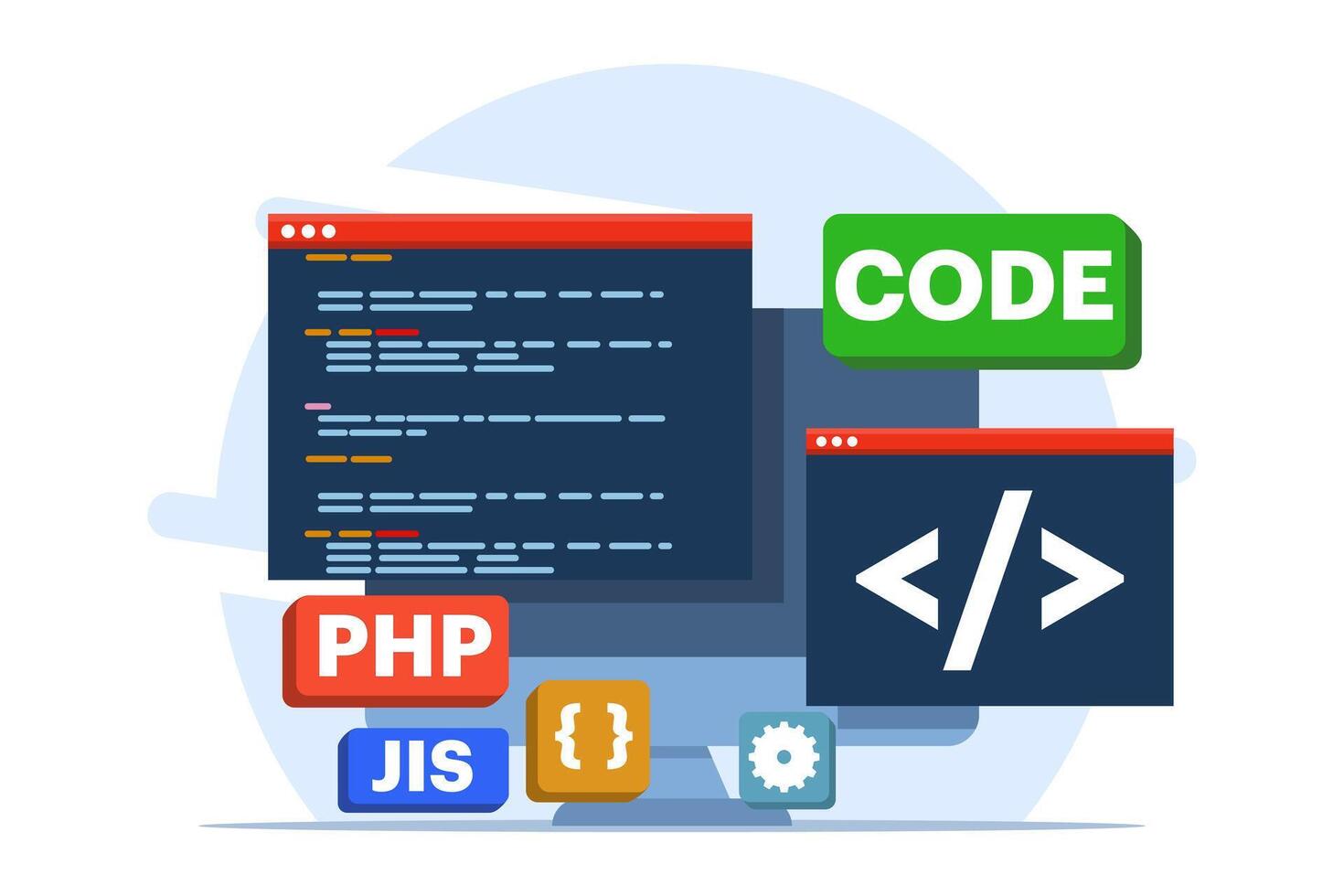 Web development concept, web design, computer programming, mobile app design, coding, software, programming languages, website. flat illustration on background. vector