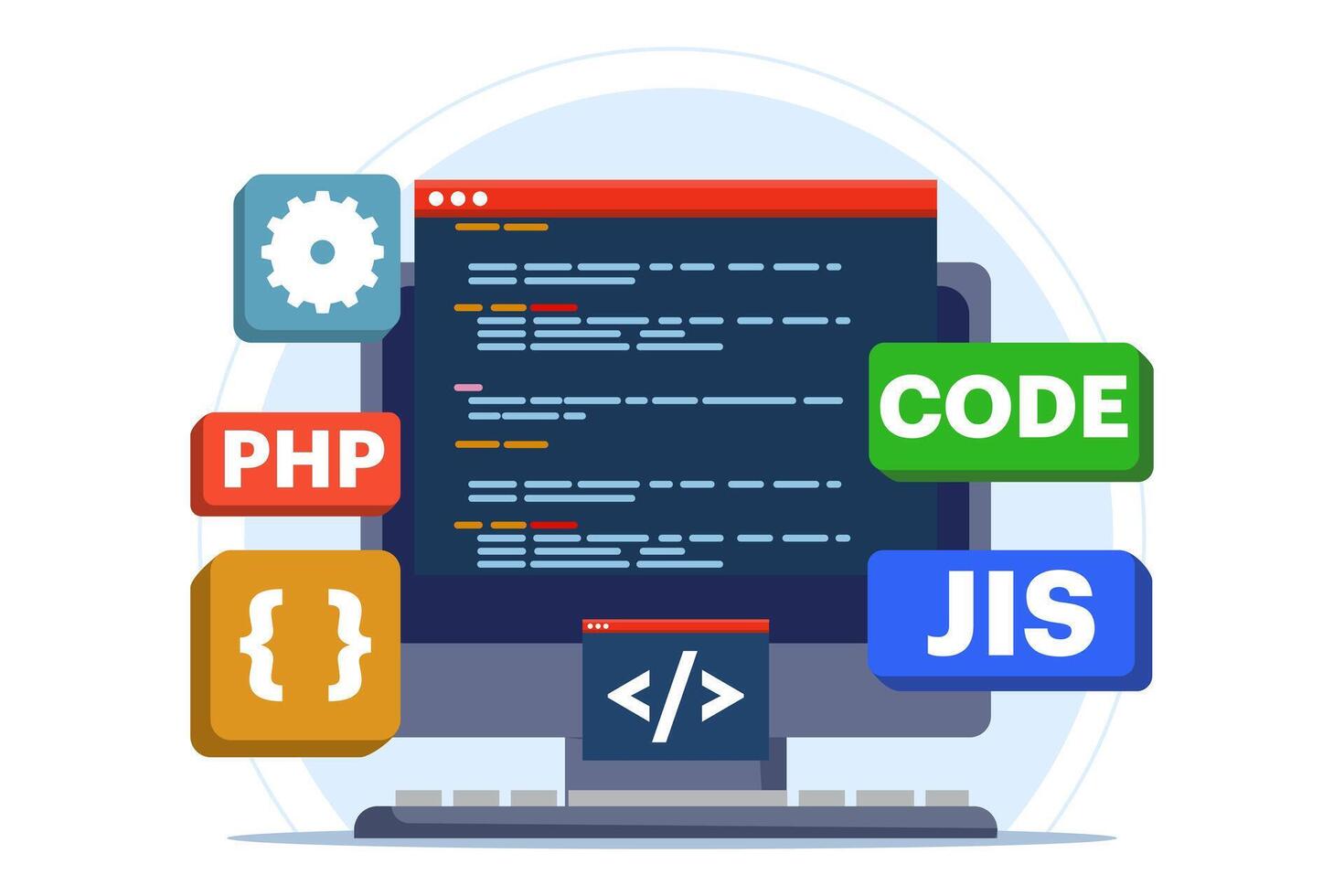 Web development concept, web design, computer programming, mobile app design, coding, software, programming languages, website. flat illustration on background. vector