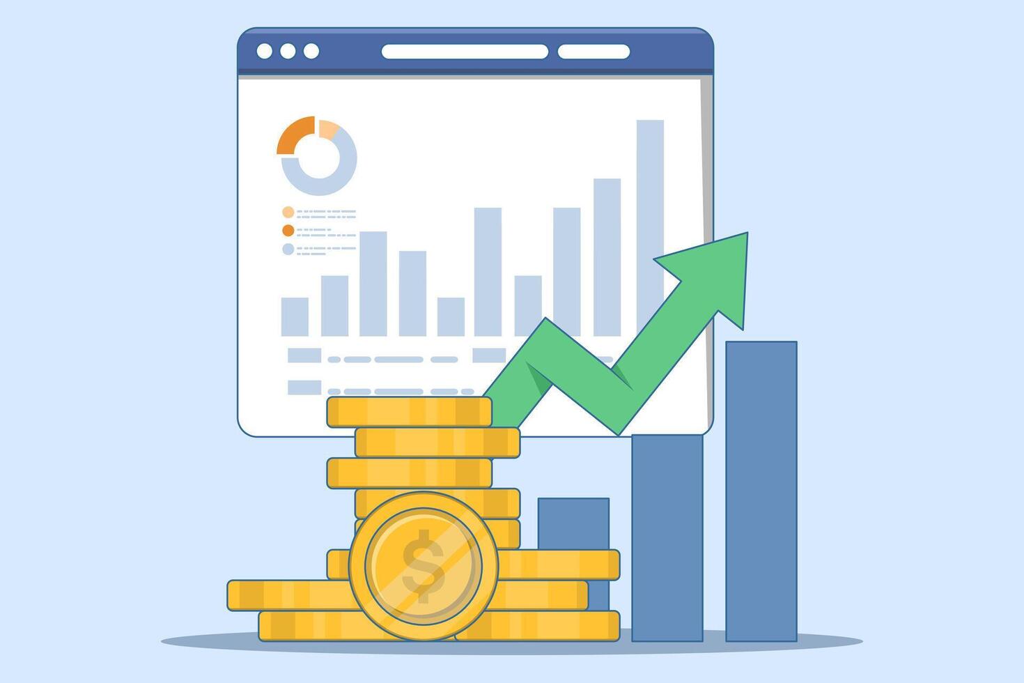 Financial concept growth chart, Tablet with gold coins, investment, increase wealth or income, increase business profit, financial report chart with exponential arrow. isolated background. vector