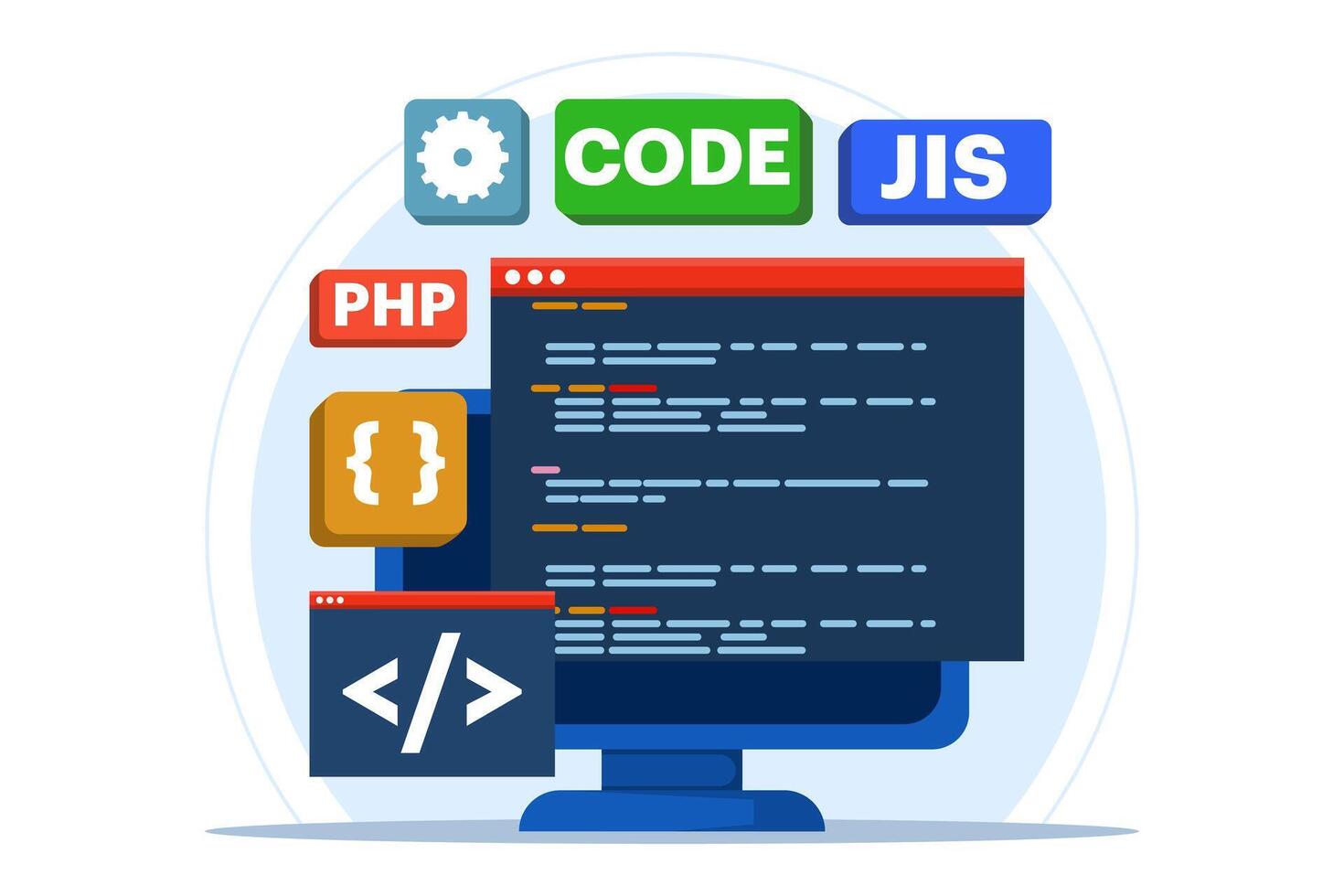 Web development concept, web design, computer programming, mobile app design, coding, software, programming languages, website. flat illustration on background. vector