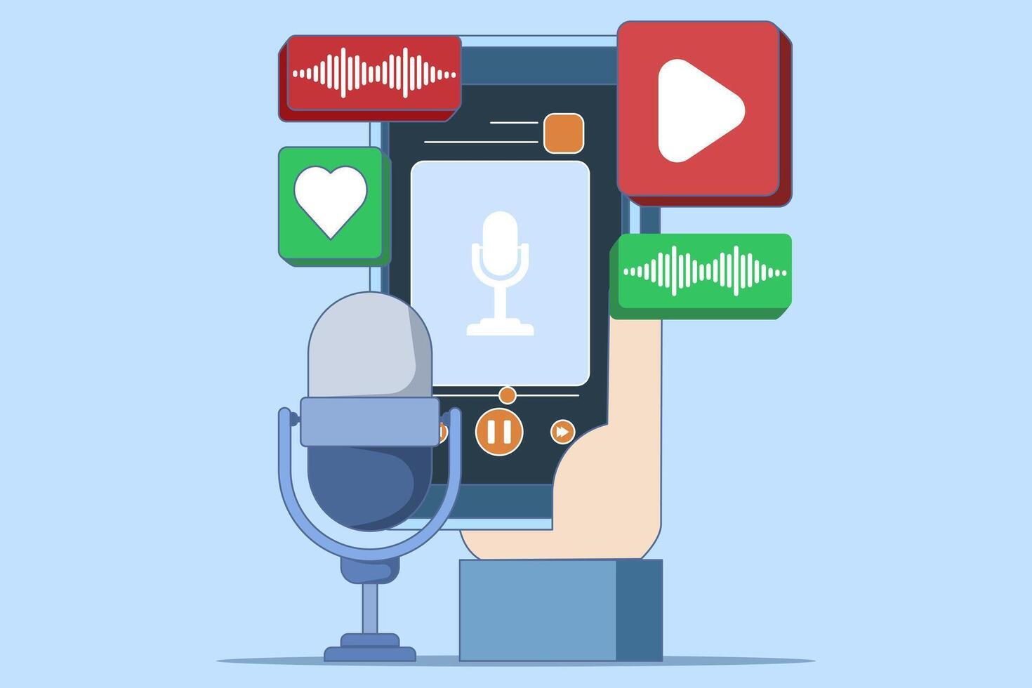 Radio and podcast concept, radio host talking into microphone and interviewing guests, Online or audio podcast, Live interview, listen to interview show, Podcast player. vector