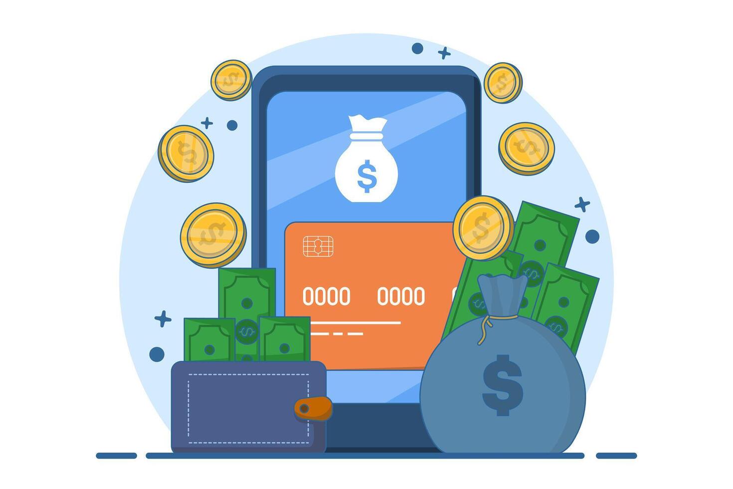Financial concept. Saving cash, debit card or savings in bank account. Payment transaction, transfer, e-wallet, financial management and savings concept. Flat illustration. vector