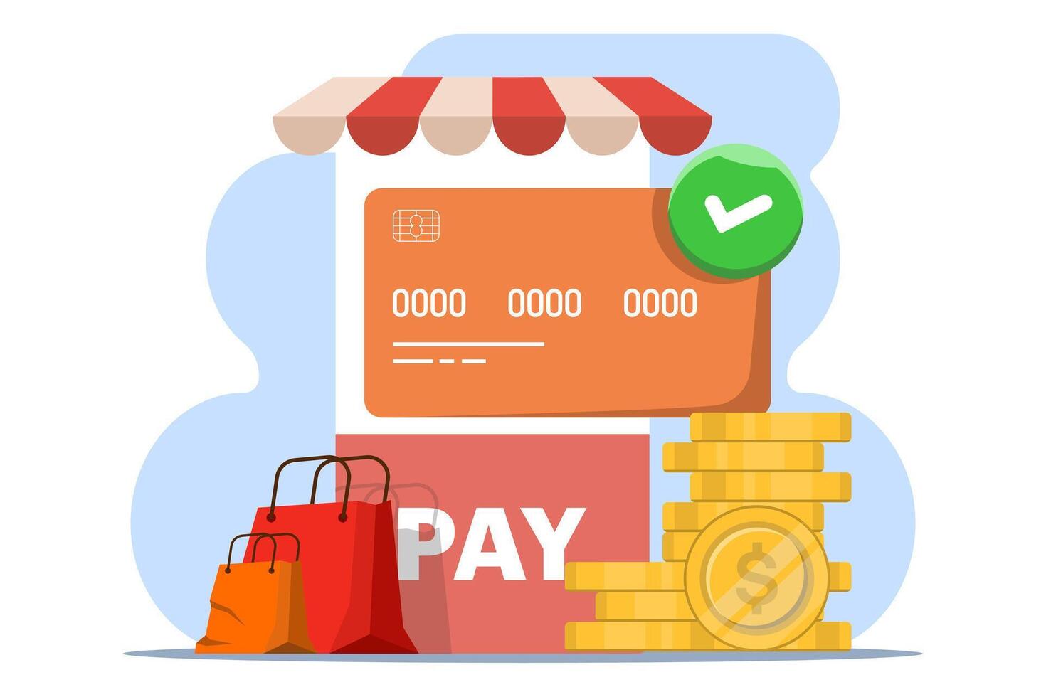 Online payment security concept, Smartphone with debit card, gold coins, paper bag on isolated background, digital marketing, Flat illustration. vector