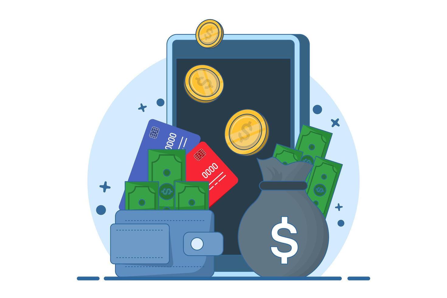 Financial concept. Saving cash, debit card or savings in bank account. Payment transaction, transfer, e-wallet, financial management and savings concept. Flat illustration. vector