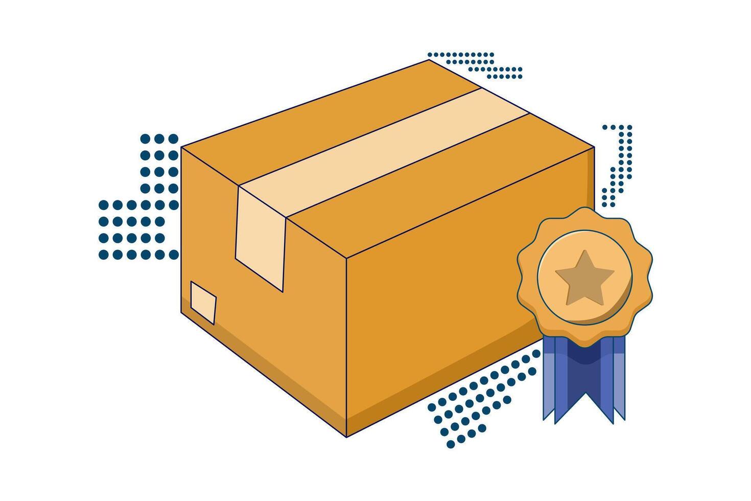 Shipping Box Concept with High Quality Badge. Product Qualification Concept Design. Premium quality product, shipping concept. Badge. Flat illustration on background. vector