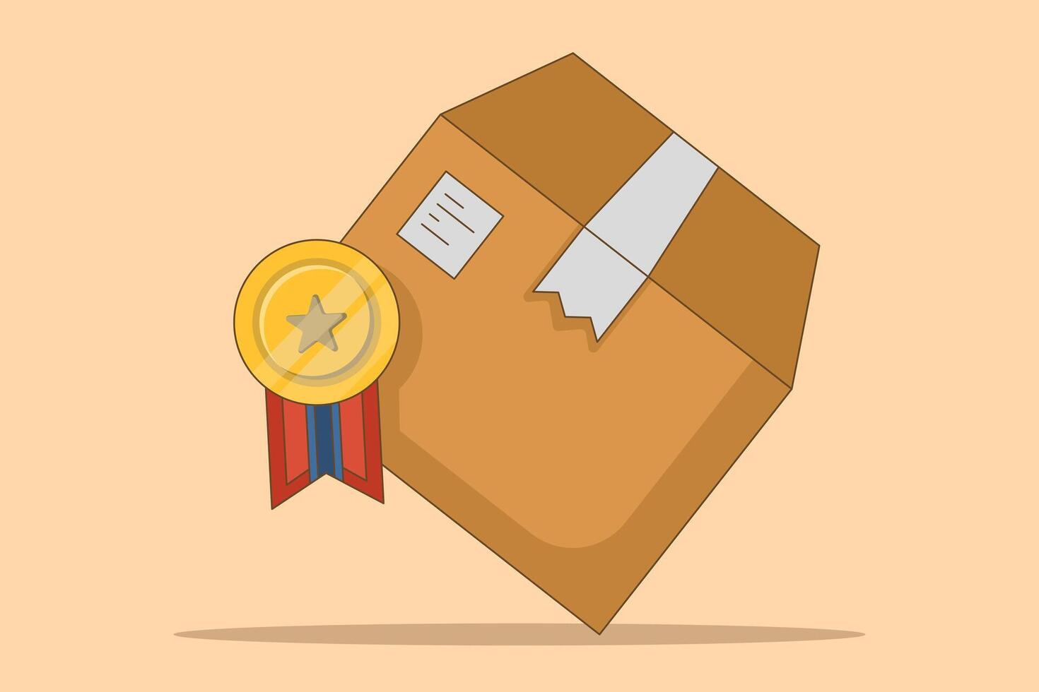 Shipping Box Concept with High Quality Badge. Product Qualification Concept Design. Premium quality product, shipping concept. Badge. Flat illustration on background. vector