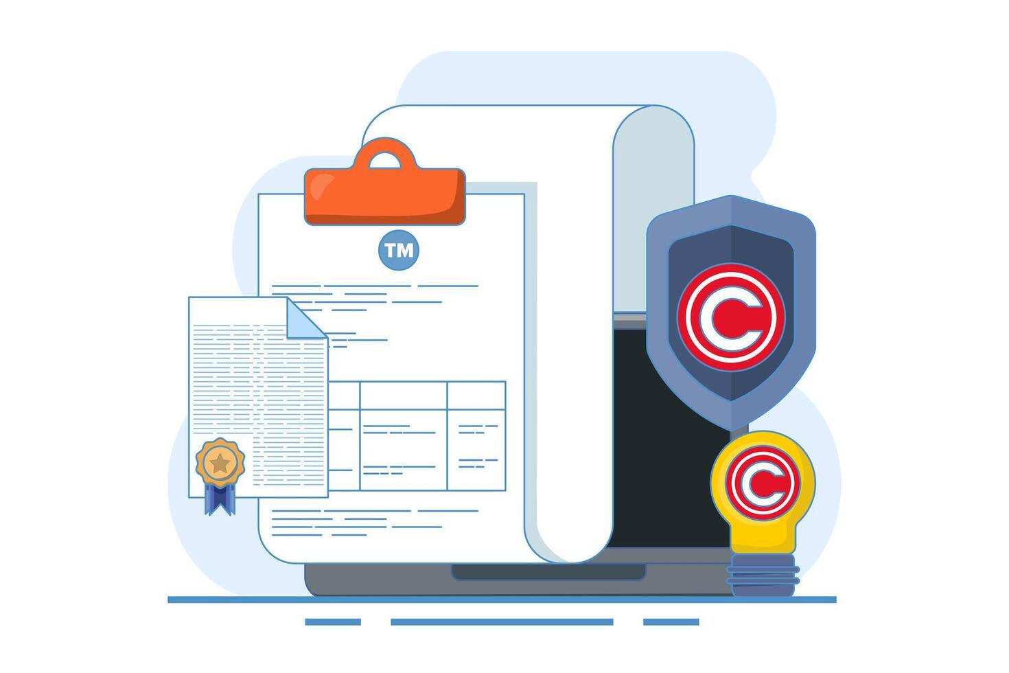 Concept of Trademark or Copyright and Patent Intellectual Property. Copyright is protected by law, patent copyright law, patent protection, Intellectual property, Copyright symbol. Illustration. vector