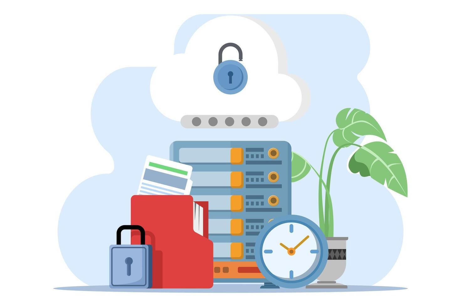 Cloud document security concept, Data stored on secure cloud servers, Cloud storage with password protection, Data security, background illustration. vector
