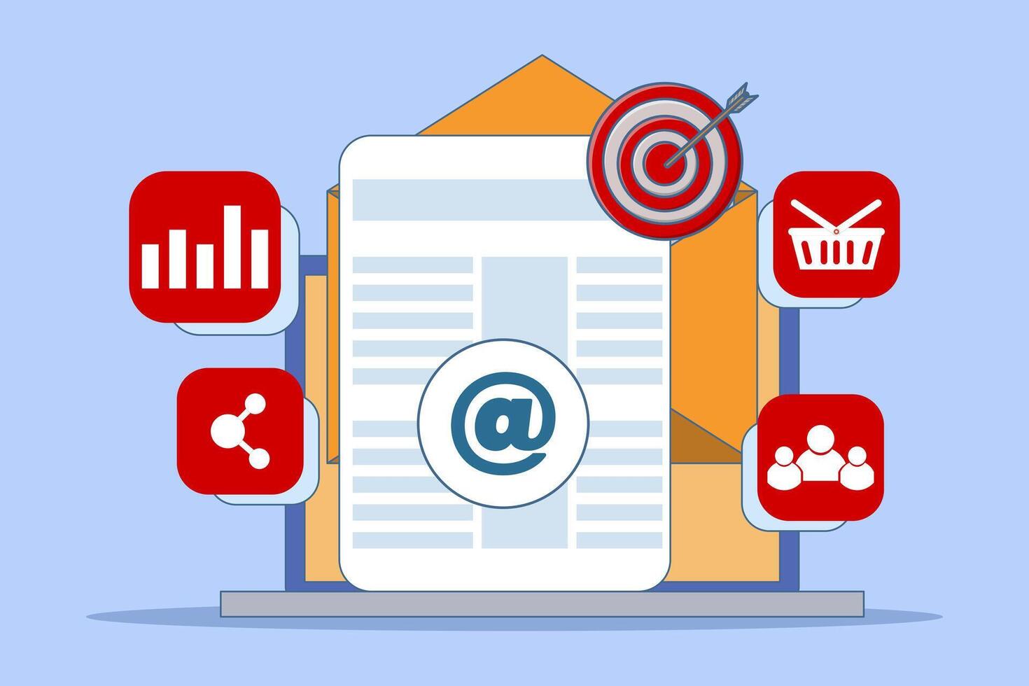 Digital or online marketing strategy concept, SEO, Social Media, Content promotion through digital networks, Email Marketing, Creative digital strategies. Flat illustration. vector