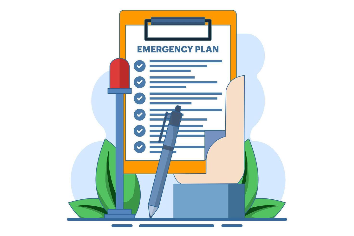 Business emergency plan concept, disaster checklist, business continuity and resilience building concept, pencil with blinking emergency plan paper. flat illustration on background. vector